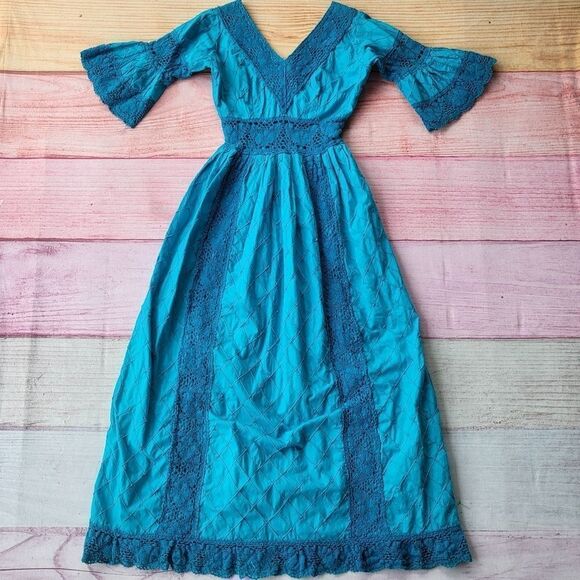 Vintage Dresses & Skirts - Vintage Turquoise Mexican‎ Bell Sleeve Crochet Trim Maxi Boho Dress XS/S